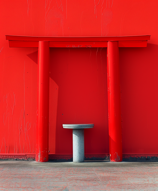 Modernist Stone Bench and Column Against Crimson Backdrop