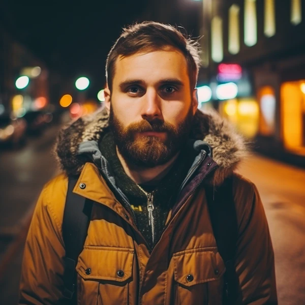Contemplative Urban Traveler in Nocturnal Lights