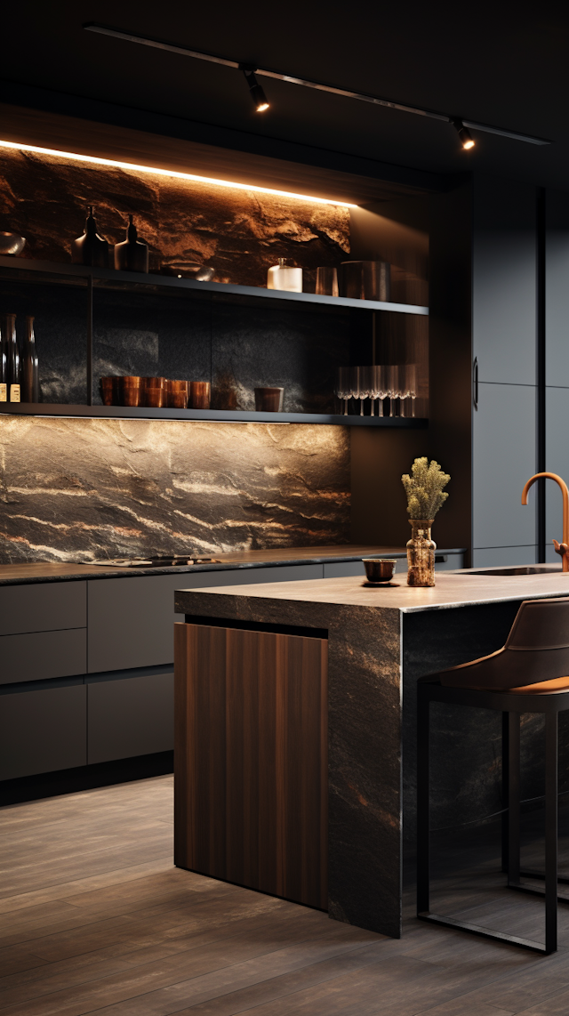 Luxurious Modern Kitchen with Marble Island and Ambient Lighting