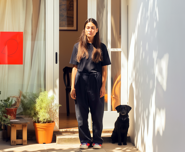 Woman and Black Dog in Sunlit Doorway