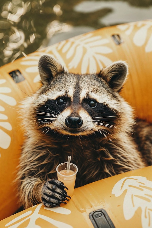Raccoon Enjoying a Drink in a Yellow Inflatable Boat