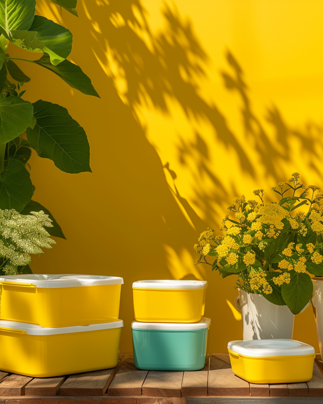 Colorful Containers and Vase with Flowers