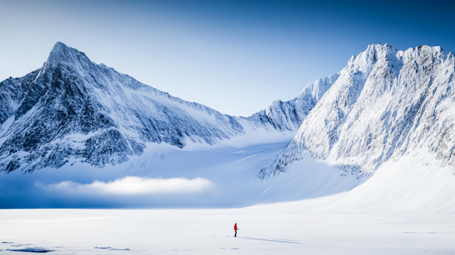 Solitary Explorer in Snowy Mountains