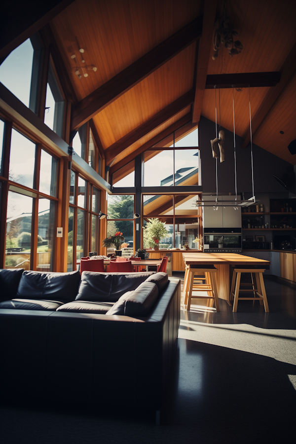 Sunlit Modern Open-Plan Living Space with Warm Wood Accents and Vibrant Pops of Color