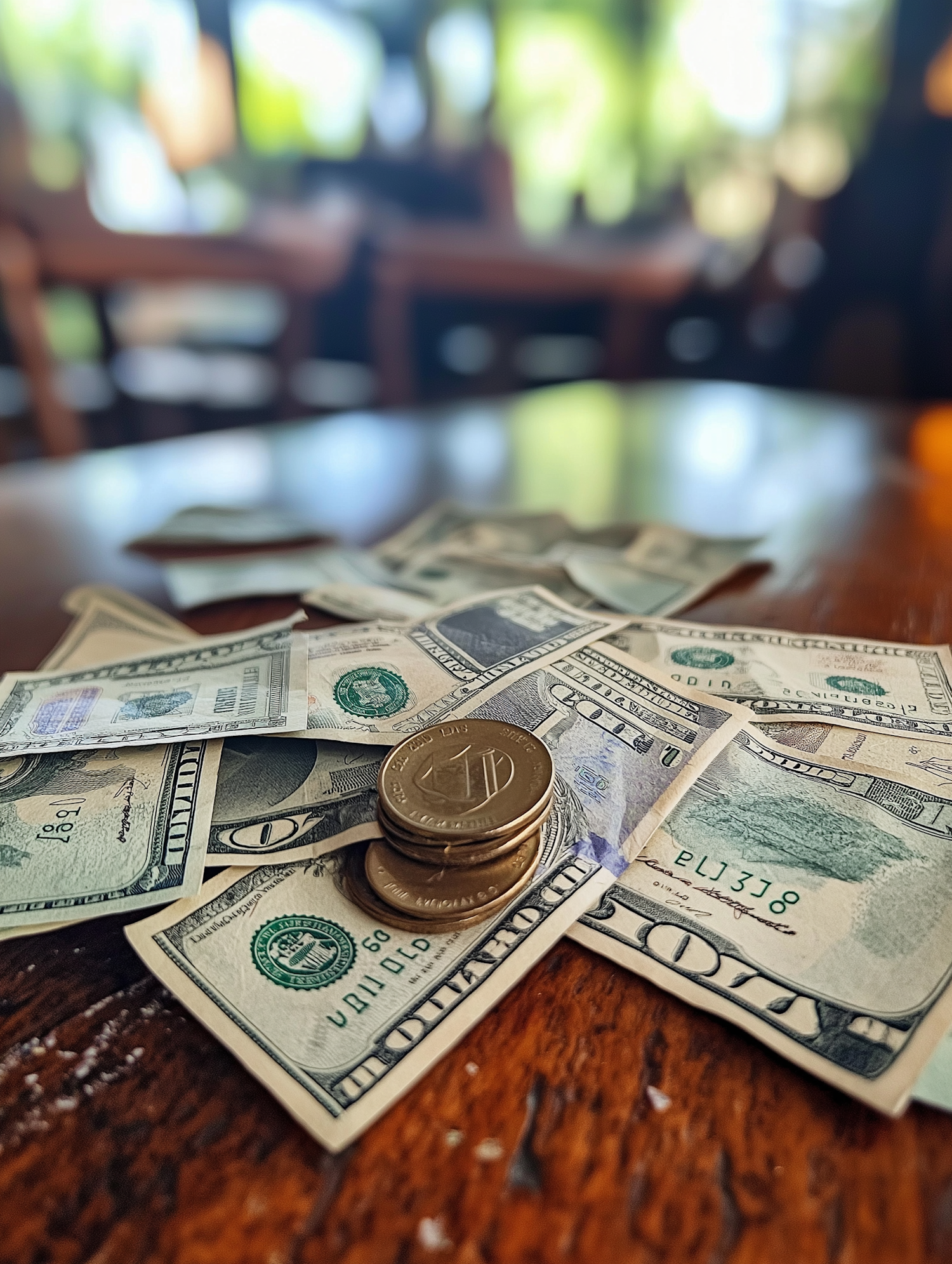 Assorted U.S. Currency on Wooden Surface