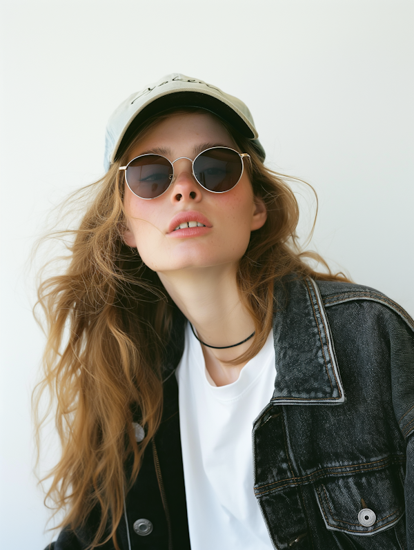 Stylish Young Woman with Retro Shades and Leather Jacket