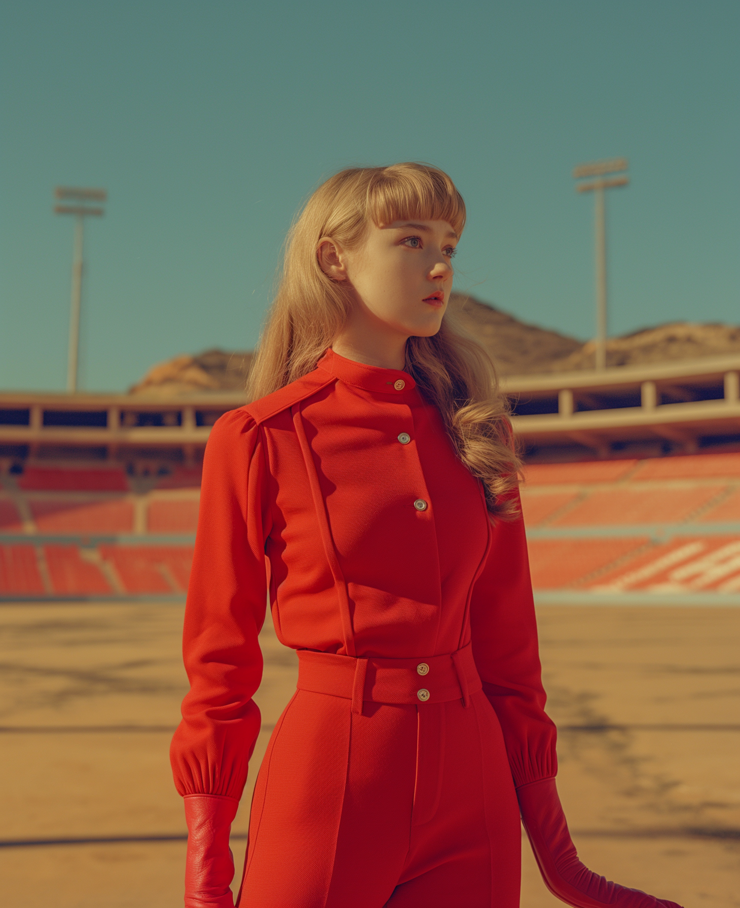 Contemplative Woman in Red at Stadium