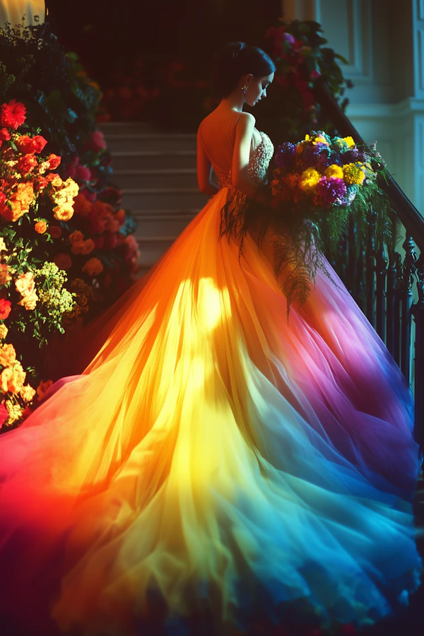 Elegant Woman in Vibrant Gown with Flowers