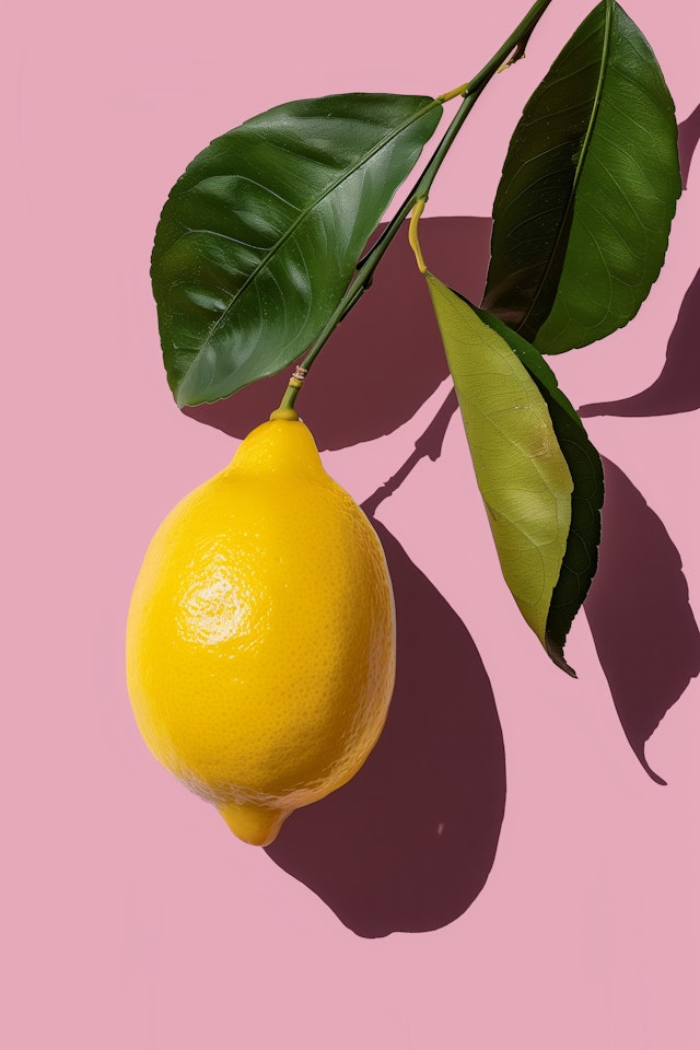 Lemon on Branch with Pink Background