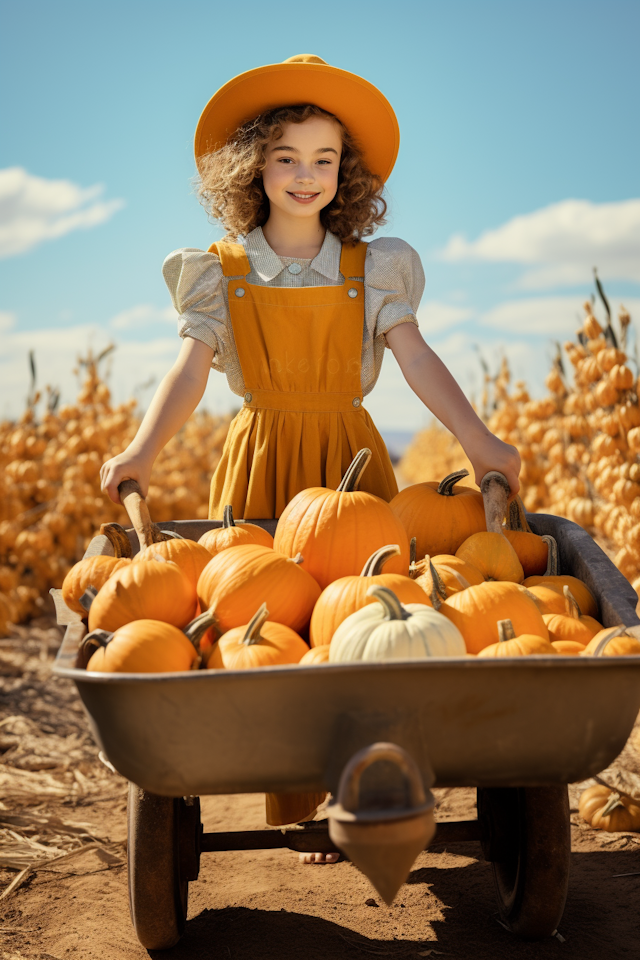 Autumnal Bliss: Girl with Harvest Pumpkins