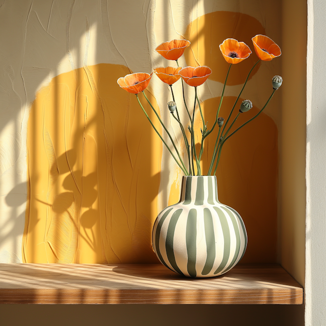 Sunlit Striped Vase with Orange Poppies