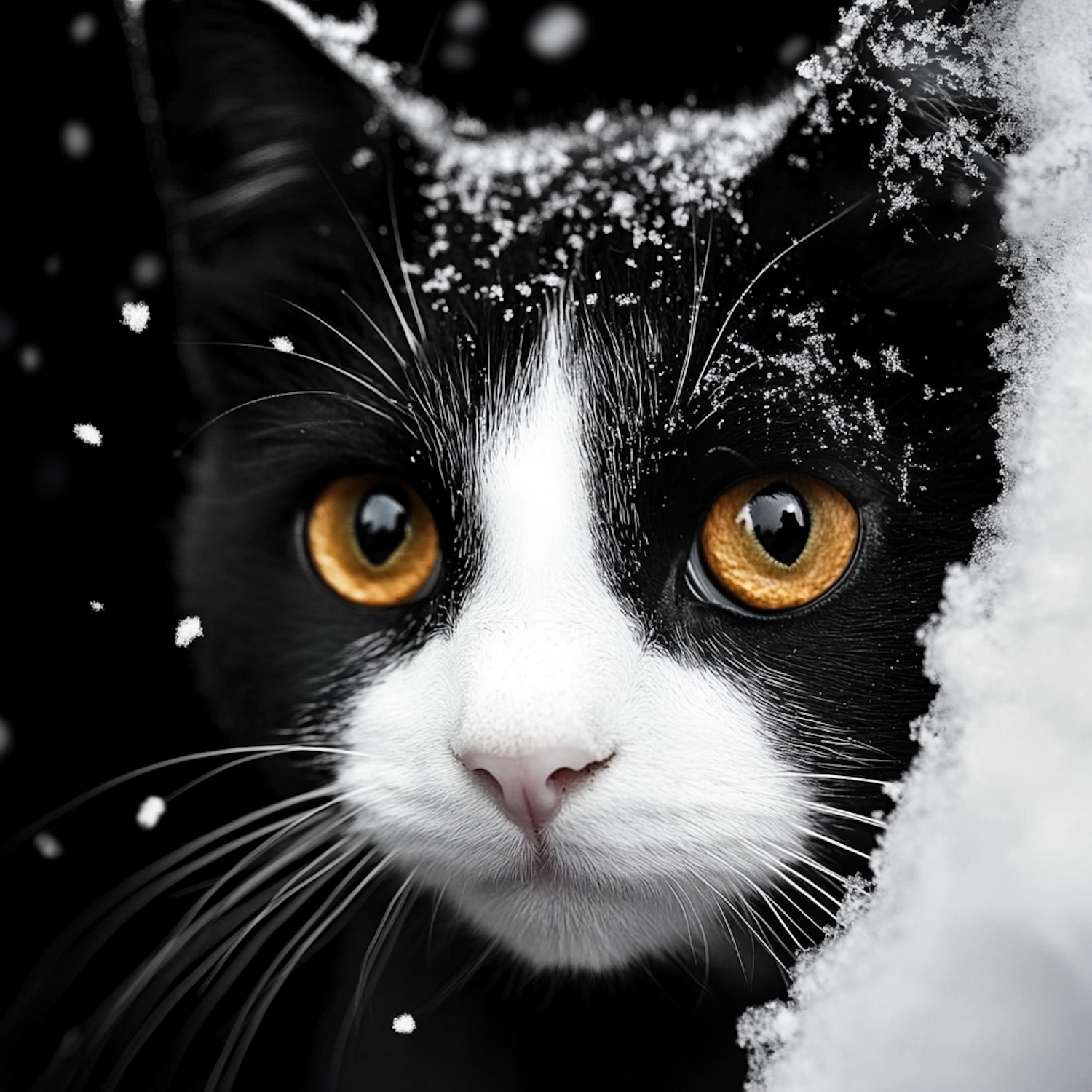 Snow-Covered Cat with Golden Eyes