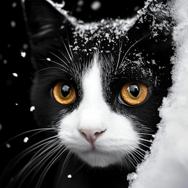 Snow-Covered Cat with Golden Eyes