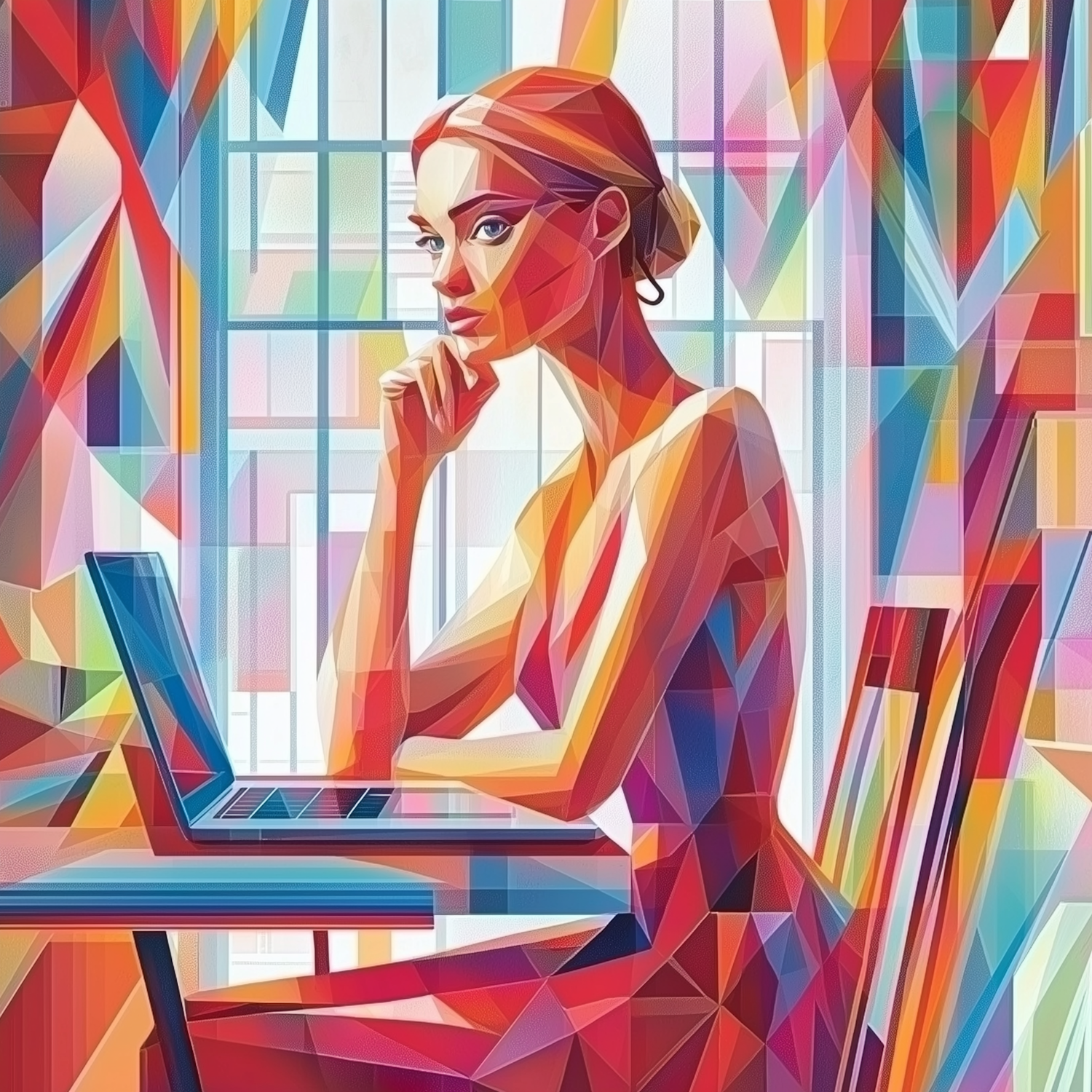 Contemplative Woman with Laptop Illustration