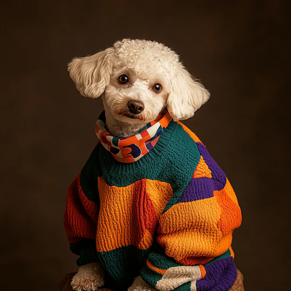 Curly-Haired Dog in Colorful Sweater