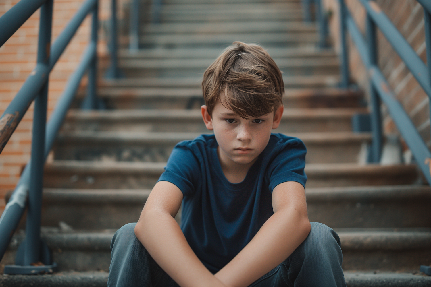 Contemplative Boy on Urban Stairs