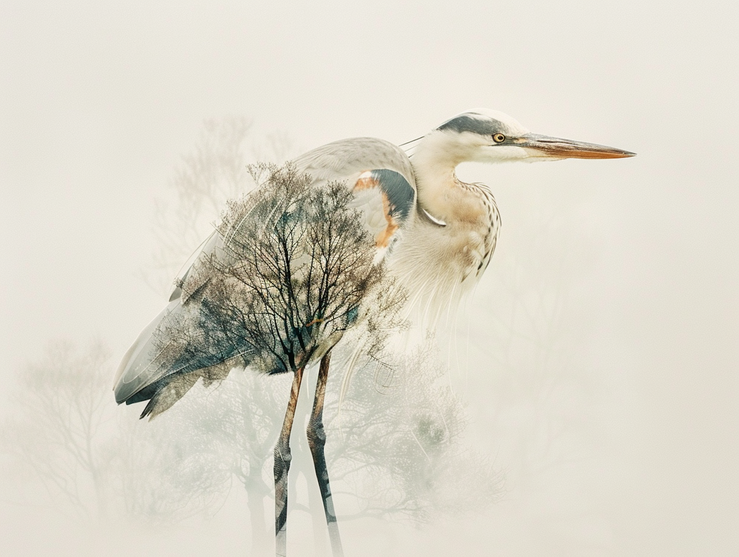Double Exposure of Great Blue Heron and Winter Trees