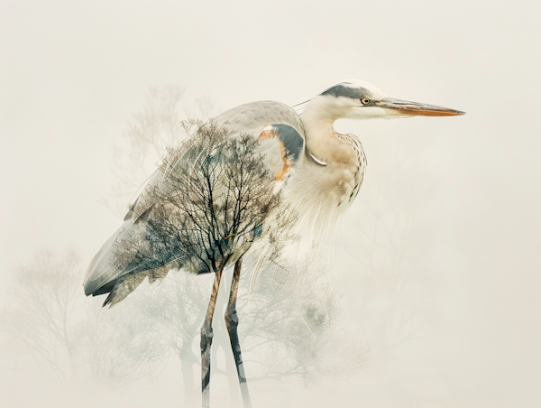 Double Exposure of Great Blue Heron and Winter Trees