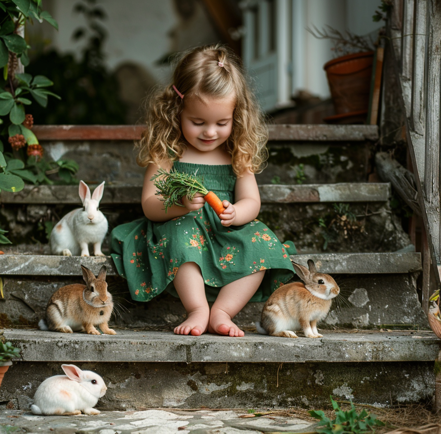 Young Girl and Rabbits