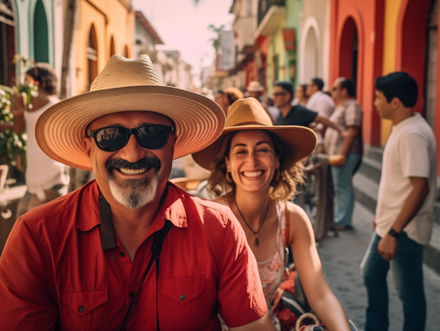 Joyful Tourist Couple in a Vibrant Street Scene