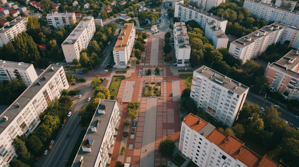 Aerial View of Residential Area at Dawn/Dusk