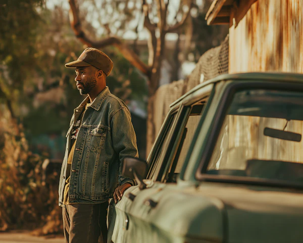 Contemplative Man with Classic Car at Dusk