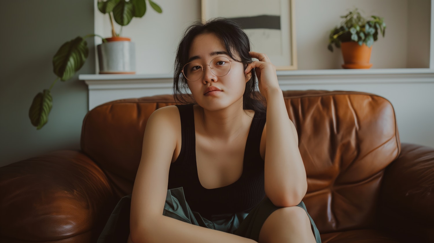 Young Woman on Brown Leather Couch