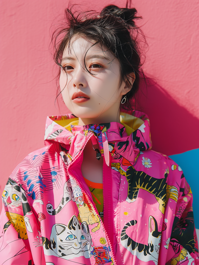 Contemplative Woman in Vibrant Cat-Themed Jacket