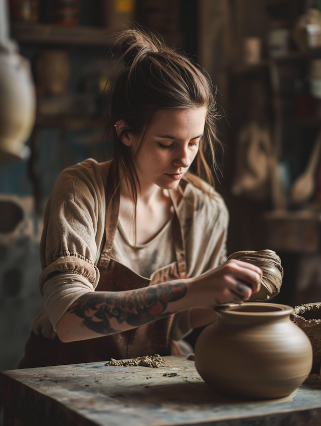 Artisan's Serenity: Tattooed Potter at Work