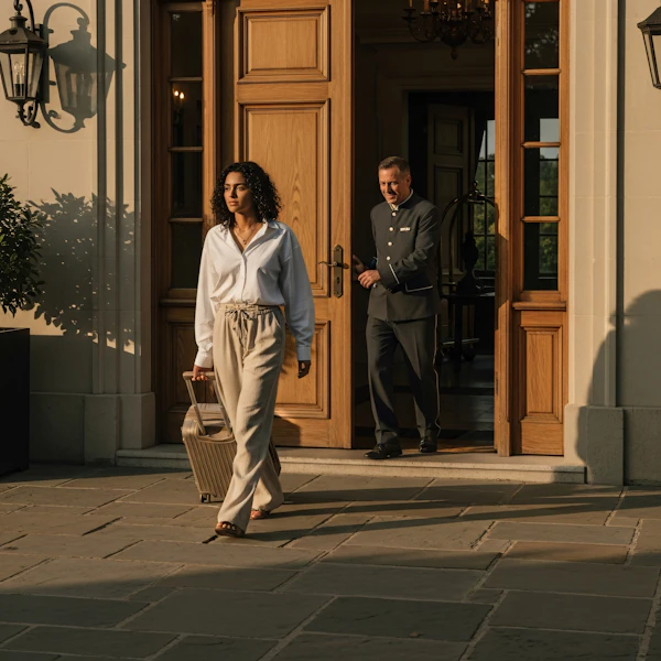 Woman Exiting Building