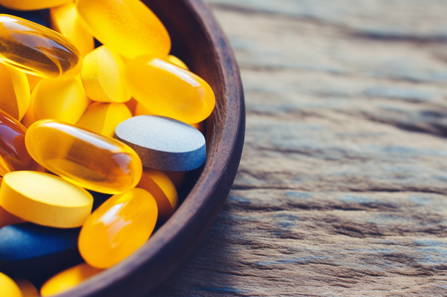 Vibrant Supplement Assortment in Wooden Bowl