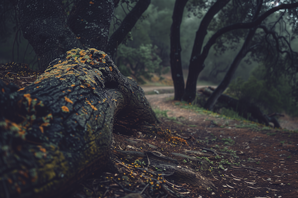 Moody Forest Scene with Gnarled Tree Trunk