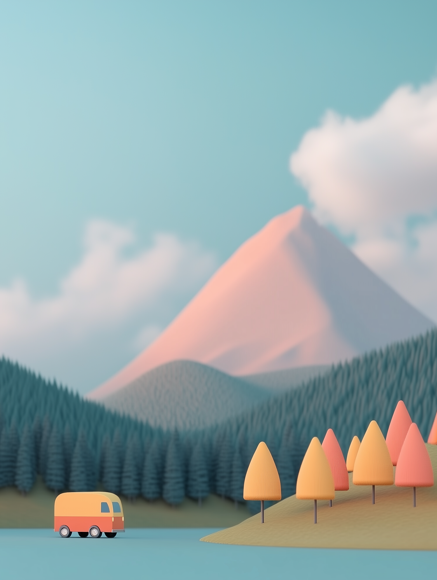 Pastel Landscape with Camper Van