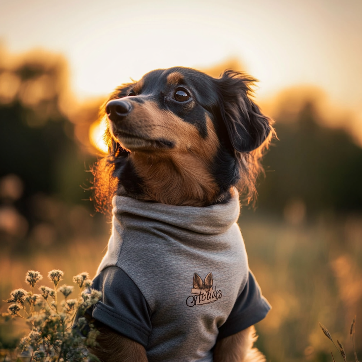 Dog in Field at Sunset