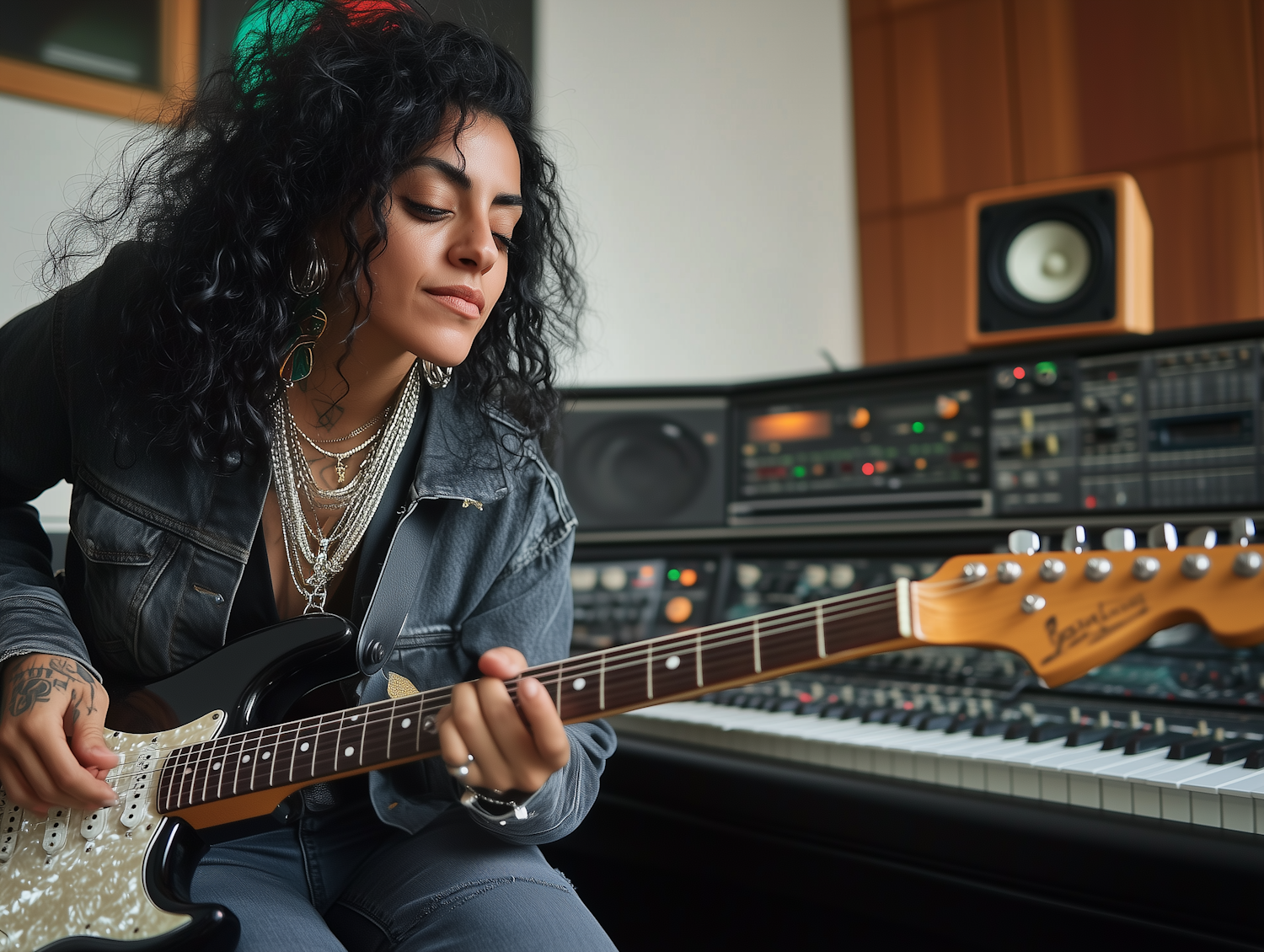 Woman Playing Electric Guitar in Recording Studio