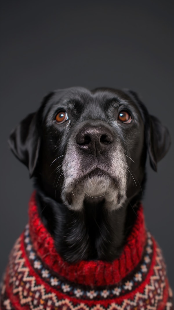 Thoughtful Black Dog in Sweater