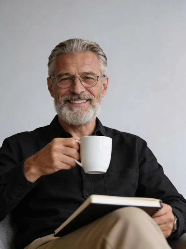 Man with Mug and Notebook