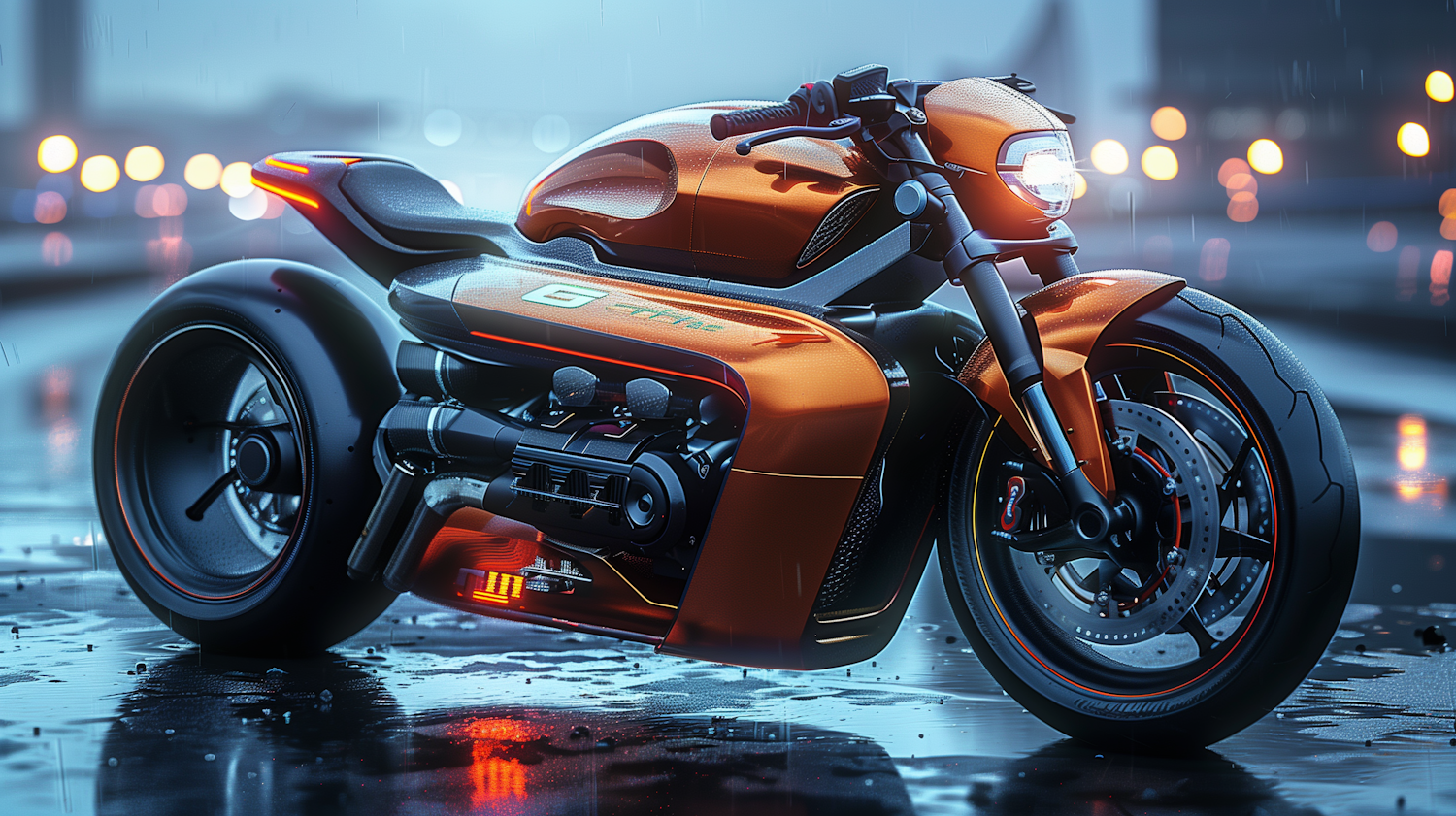 Futuristic Motorcycle in Urban Rain