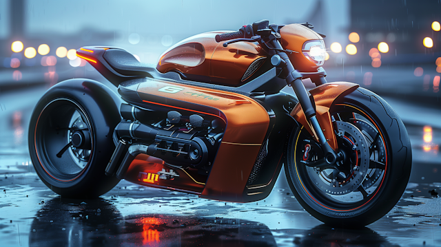 Futuristic Motorcycle in Urban Rain