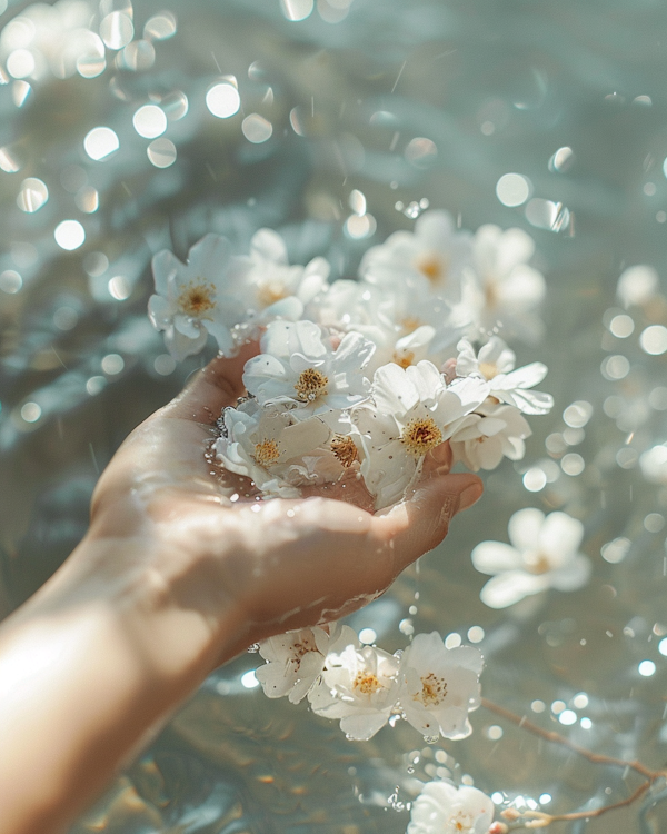 Hand Holding White Flowers by Water