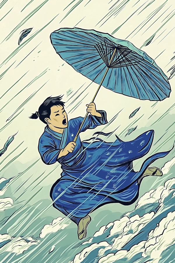 Person in Blue Robe with Umbrella in Storm