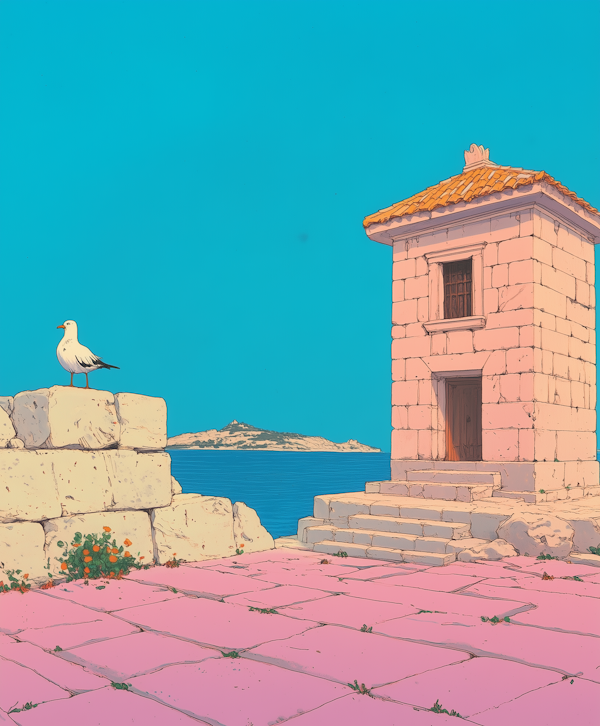 Serene Coastal Scene with Stone Building