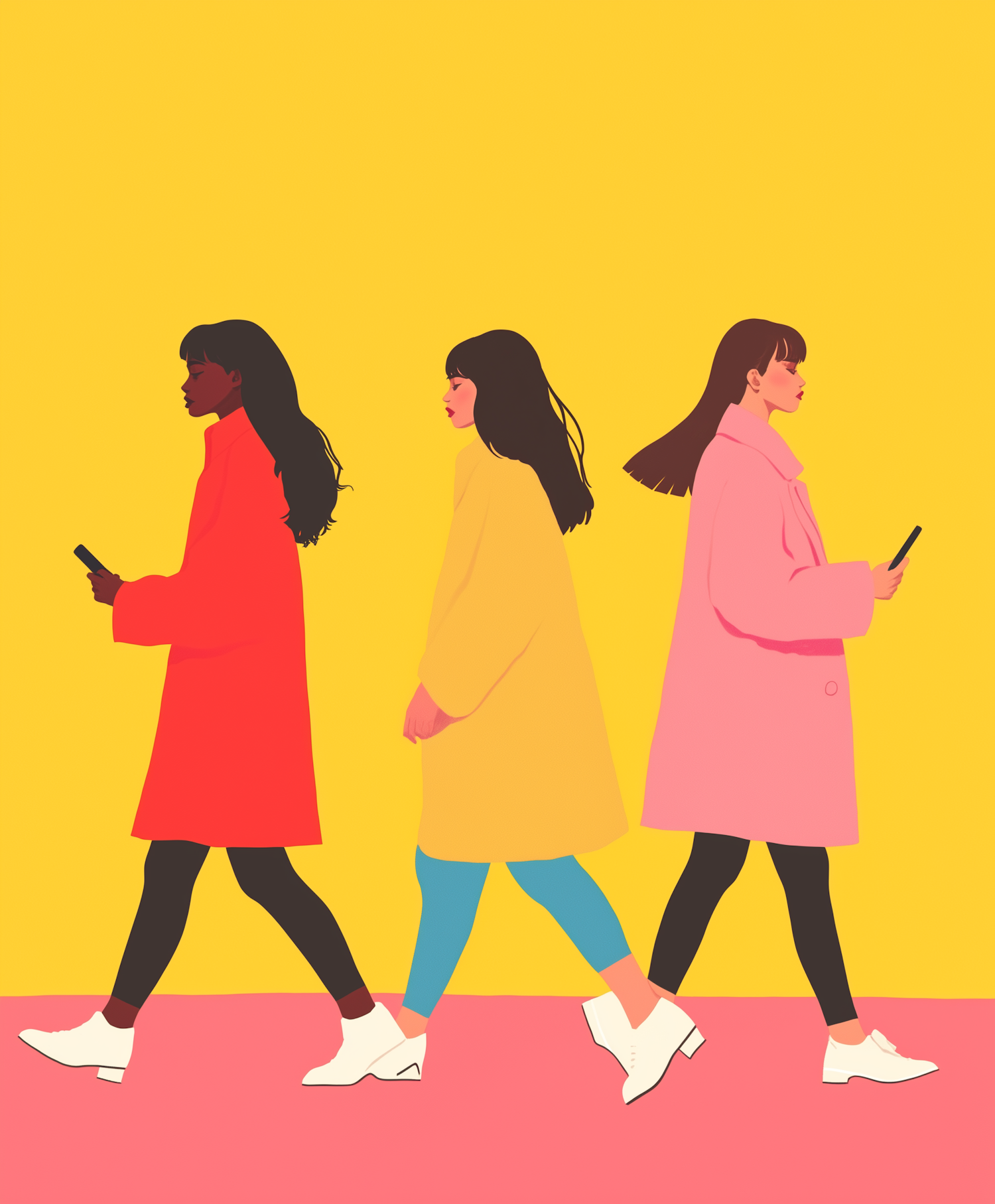 Three Women in Colorful Coats