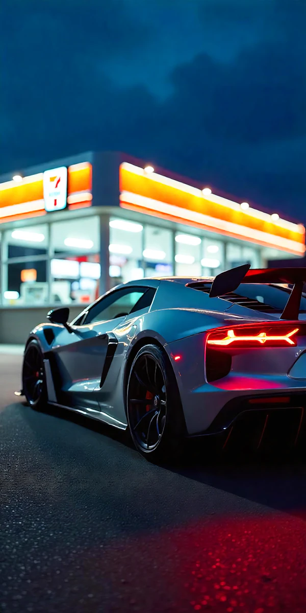 Nighttime Sports Car at Convenience Store