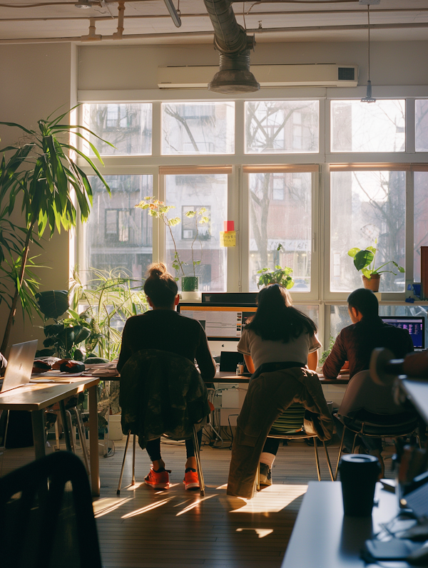 Serene Office Workspace with Sunlight and Concentrated Workers