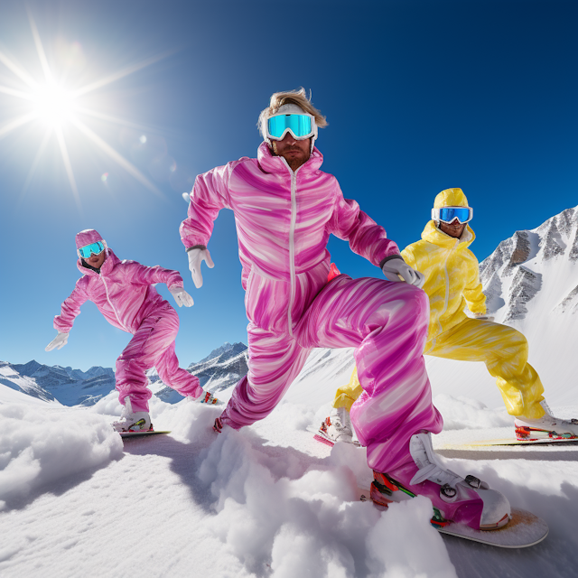 Dynamic Snowboarding Trio on Picturesque Mountain