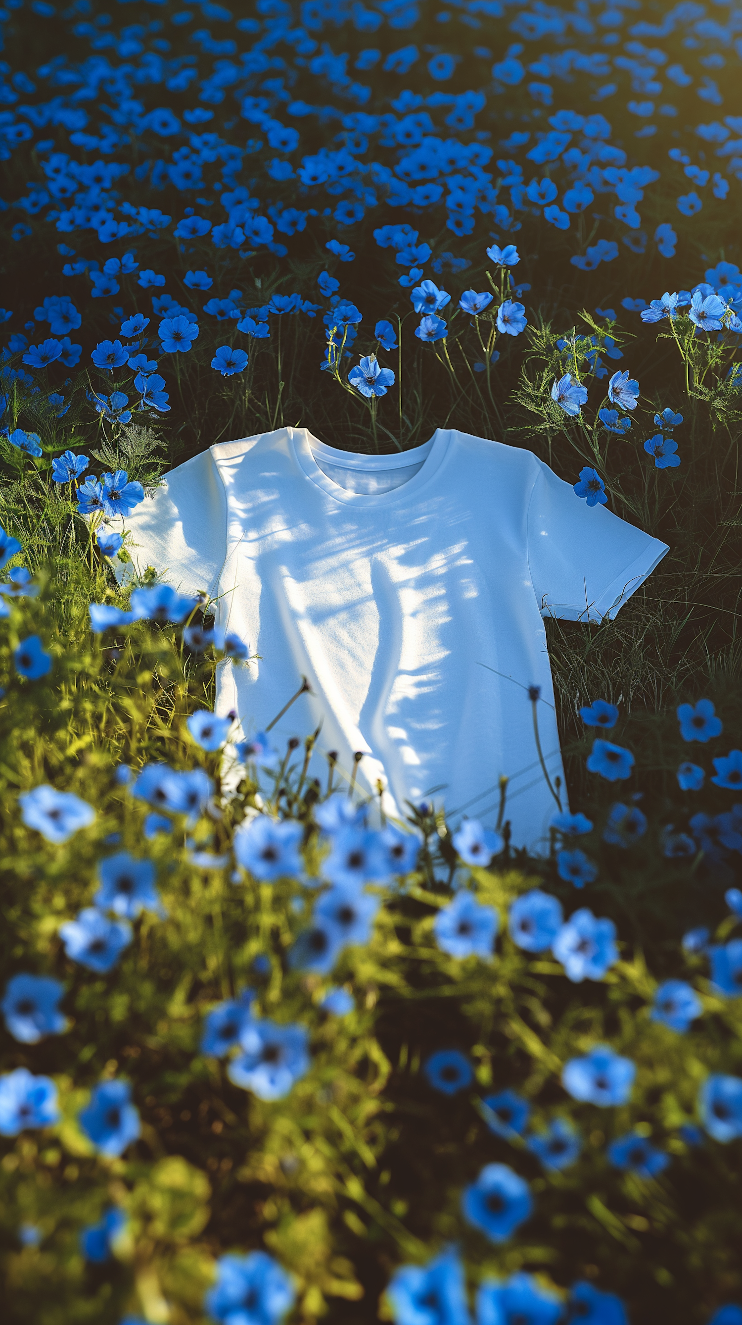 White T-Shirt Among Blue Poppies