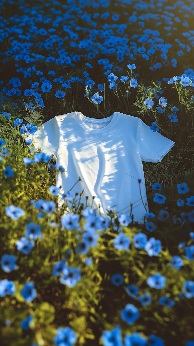 White T-Shirt Among Blue Poppies