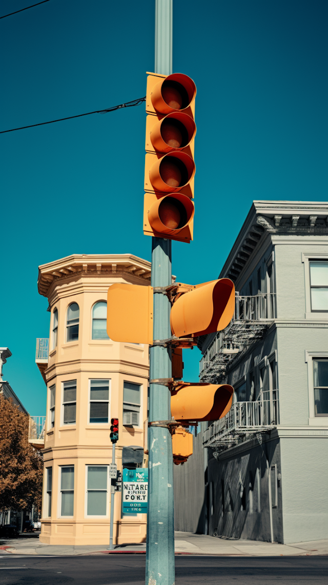 Urban Tranquility: Red Stoplight and Historic Architecture Against Clear Blue Sky