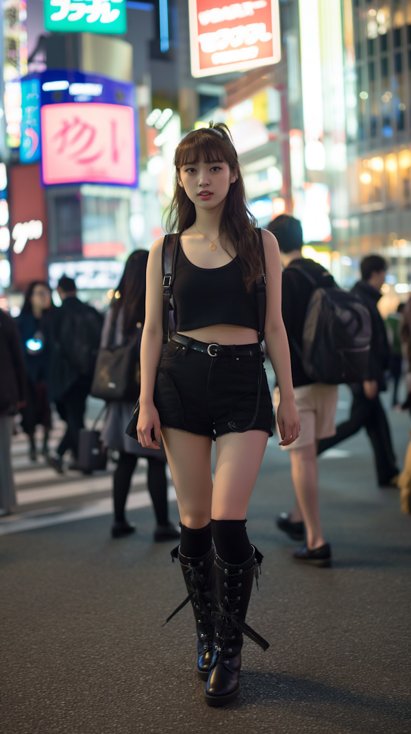 Stylish Young Woman on Urban Street at Night